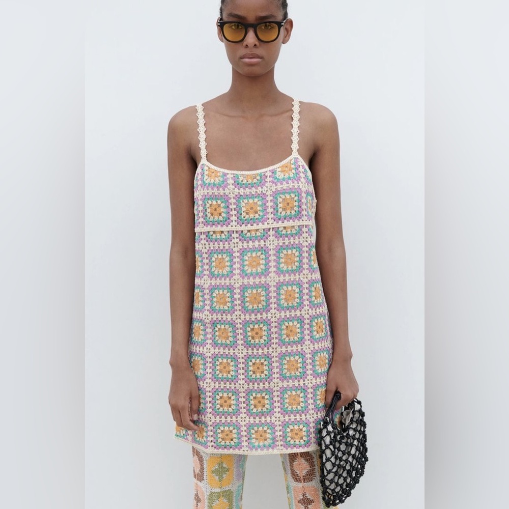 Zara Crochet granny crochet square boho White Lotus Portia dress. 100% polyester